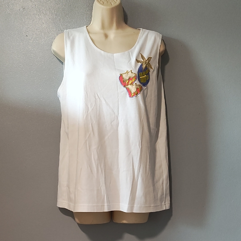 Eminent Vintage White Tank Top with Colorful Fruit Patches Size Large